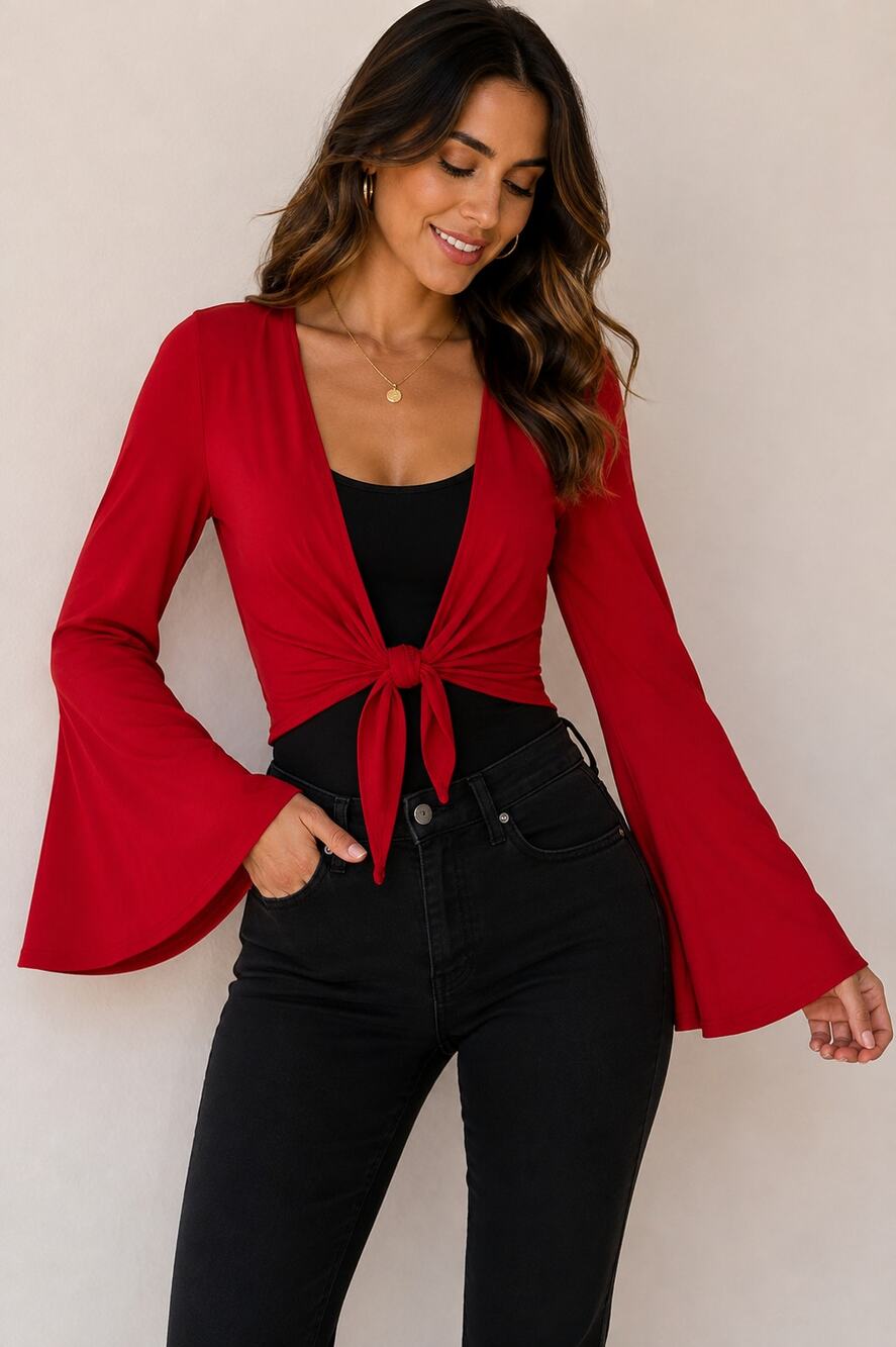 Nasty Gal Red Wrap Tie Front Cold Shoulder Bell Sleeve Crop Top